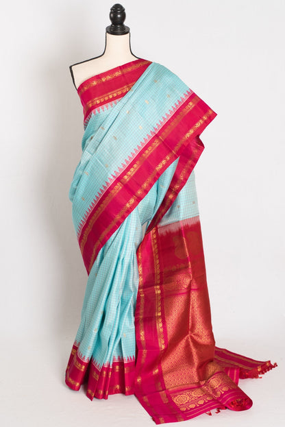 Girija: Sky Blue and Pink Micro Checks Kanji Gadwal Silk Saree with Golden Zari - Saree Mandi