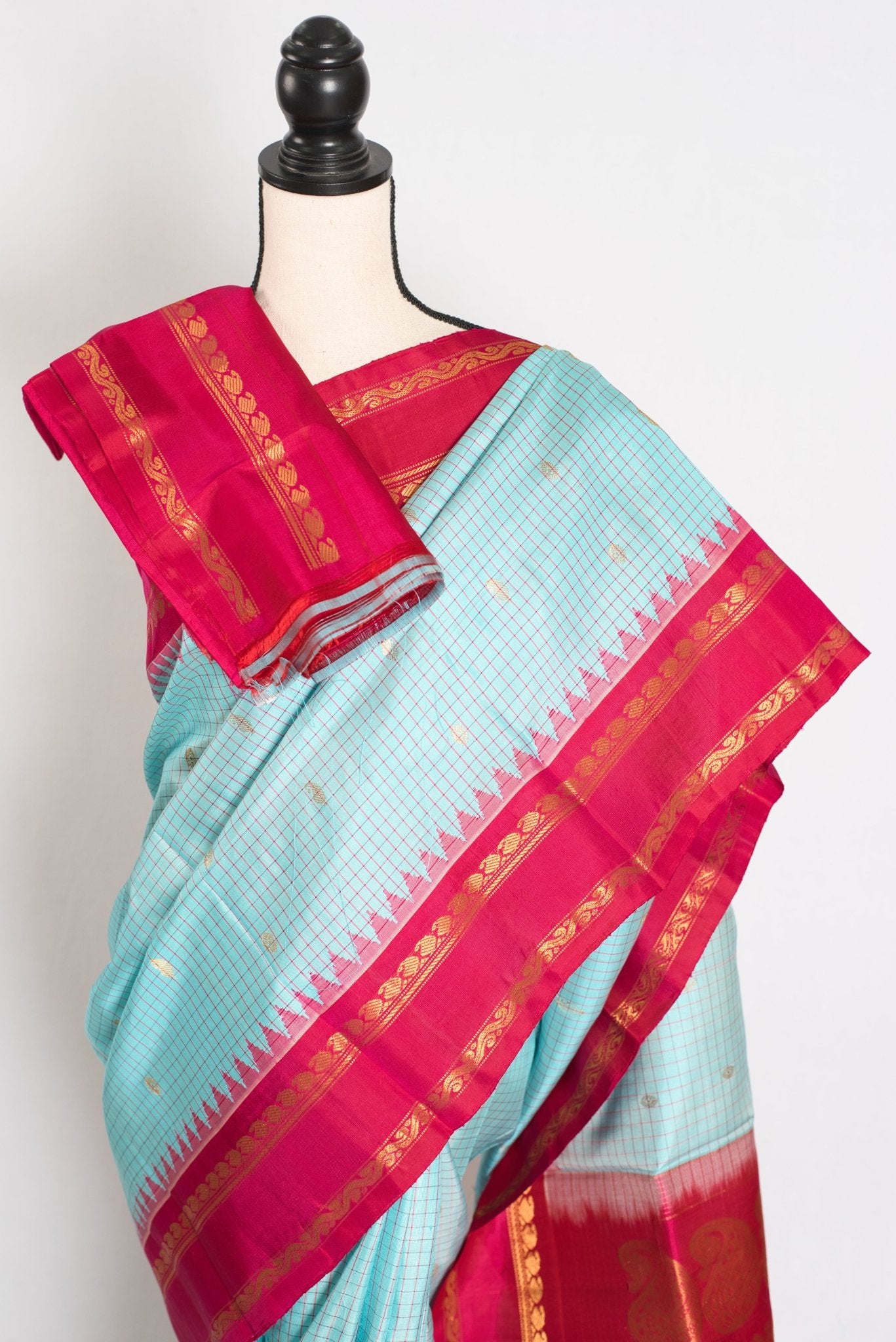 Girija: Sky Blue and Pink Micro Checks Kanji Gadwal Silk Saree with Golden Zari - Saree Mandi