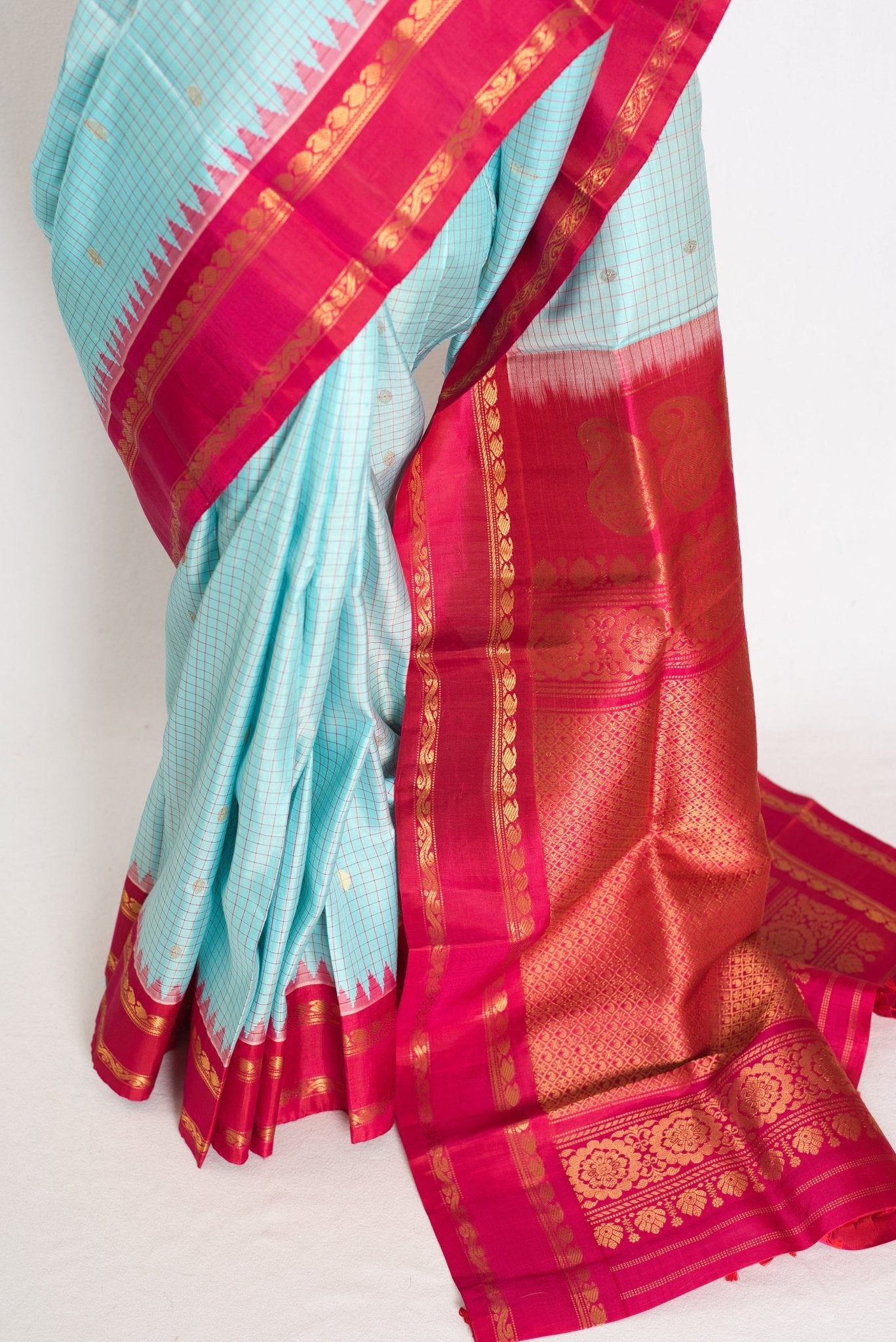 Girija: Sky Blue and Pink Micro Checks Kanji Gadwal Silk Saree with Golden Zari - Saree Mandi