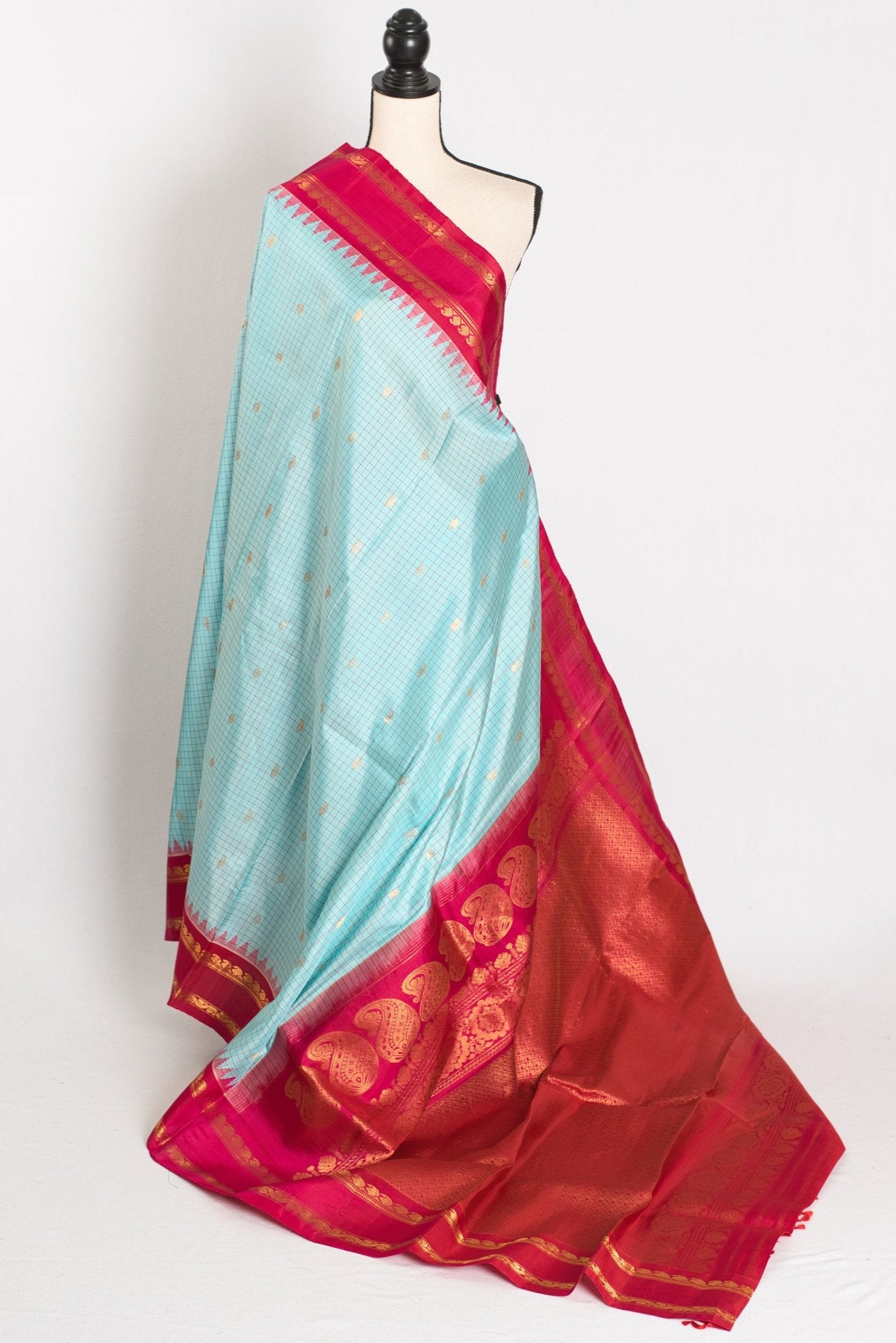 Girija: Sky Blue and Pink Micro Checks Kanji Gadwal Silk Saree with Golden Zari - Saree Mandi