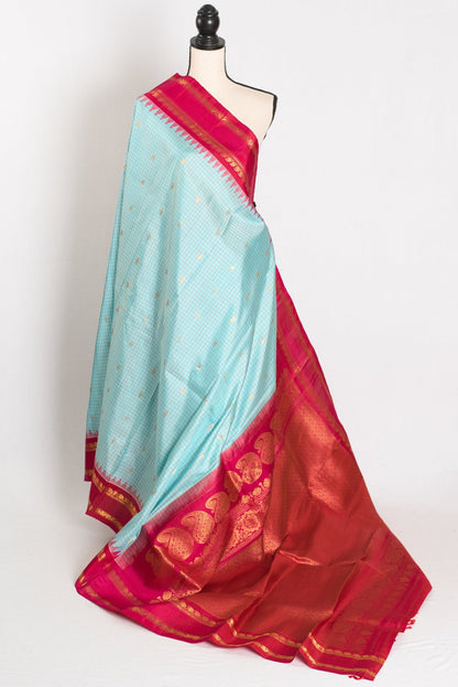 Girija: Sky Blue and Pink Micro Checks Kanji Gadwal Silk Saree with Golden Zari - Saree Mandi