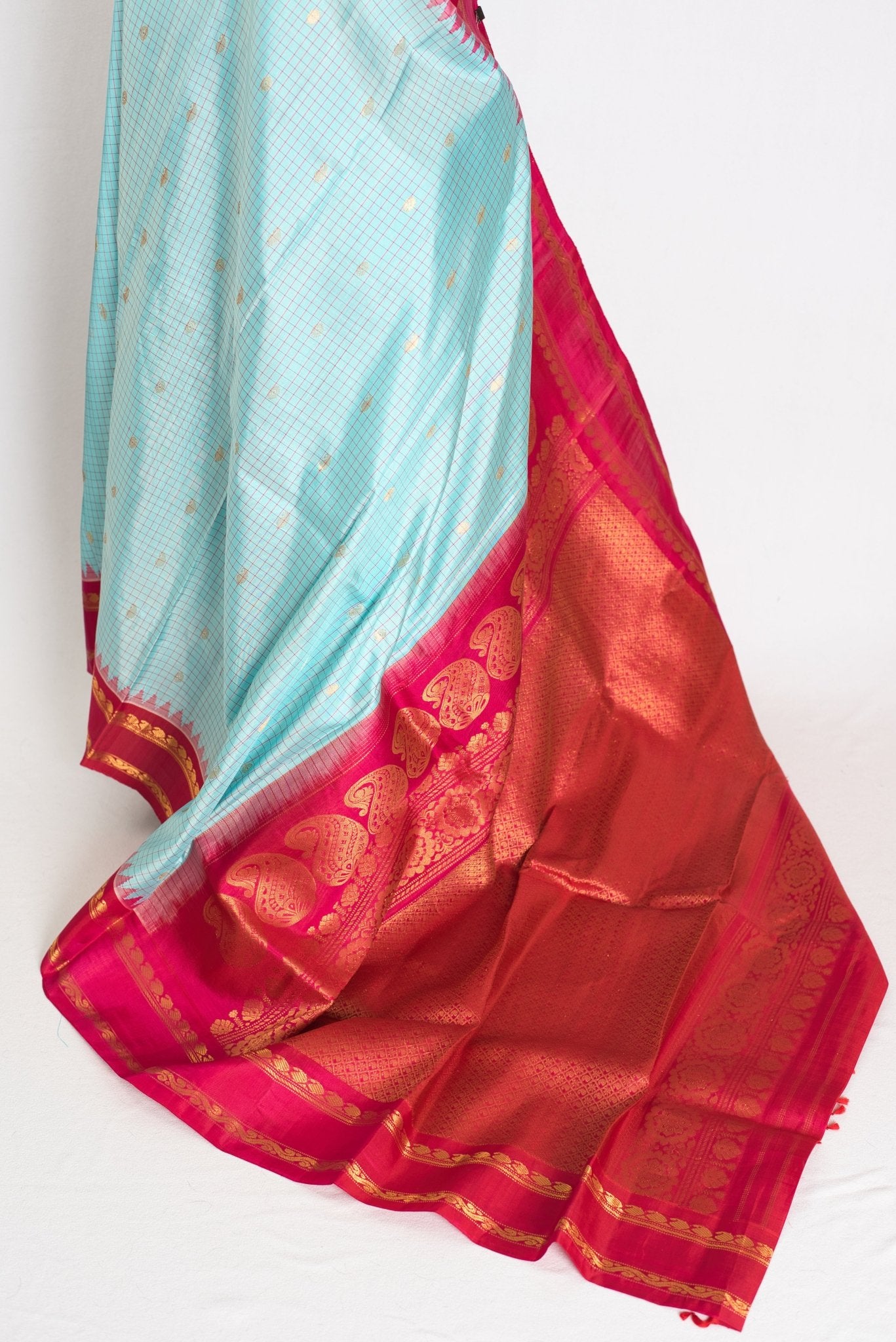 Girija: Sky Blue and Pink Micro Checks Kanji Gadwal Silk Saree with Golden Zari - Saree Mandi