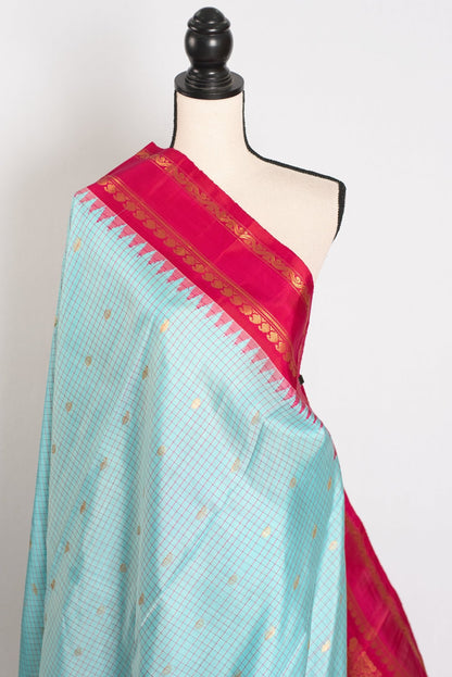 Girija: Sky Blue and Pink Micro Checks Kanji Gadwal Silk Saree with Golden Zari - Saree Mandi