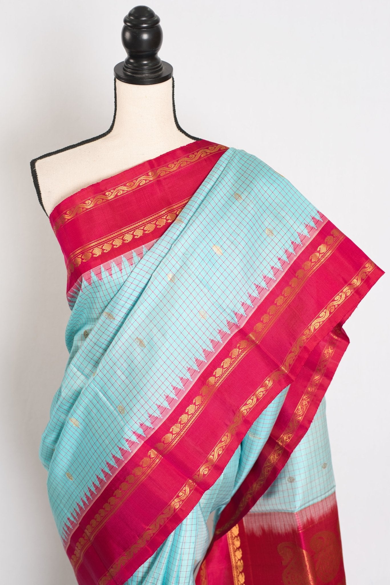 Girija: Sky Blue and Pink Micro Checks Kanji Gadwal Silk Saree with Golden Zari - Saree Mandi