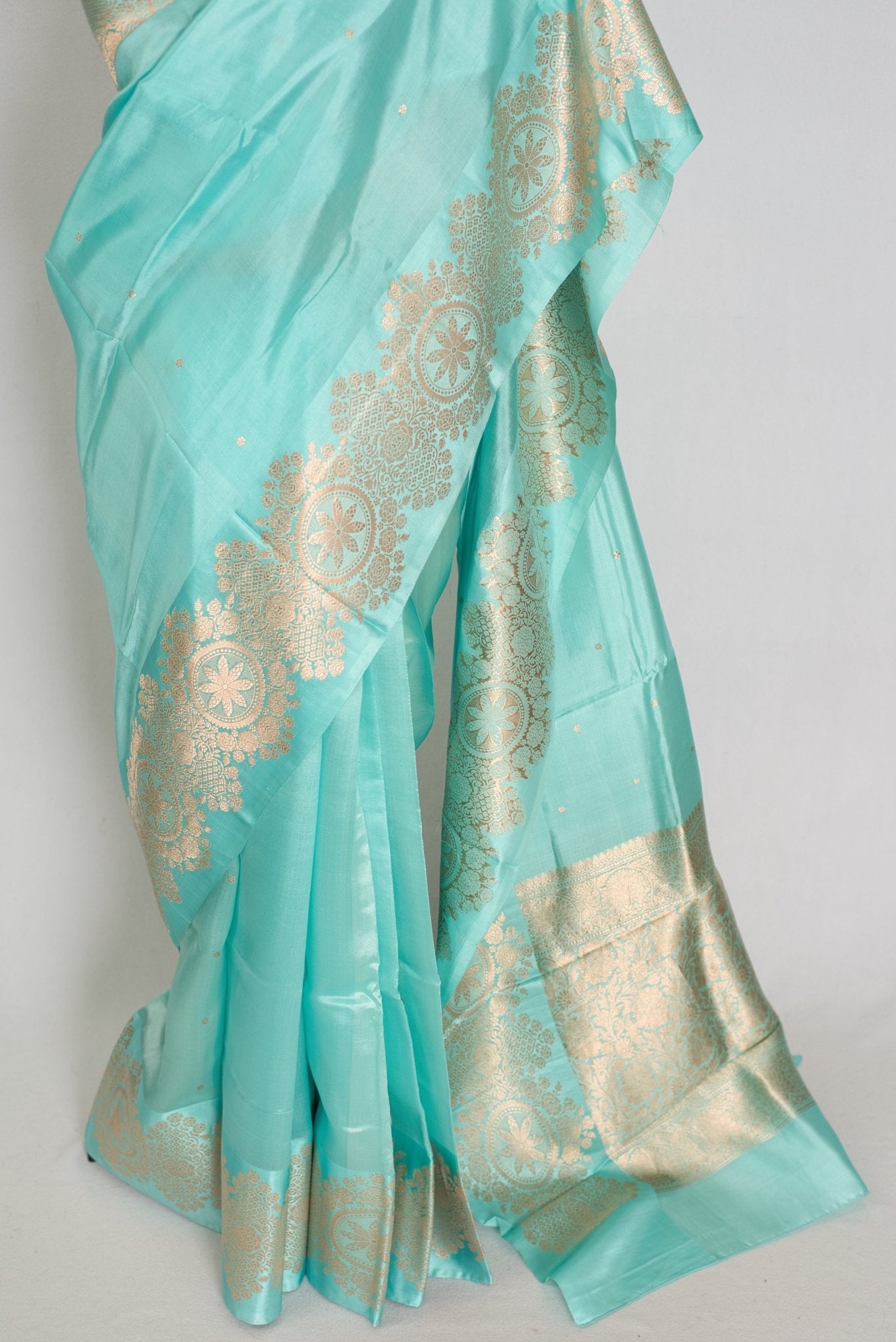 Girija: Sky Blue Banarasi Saree with Gold Satin Border - Saree Mandi