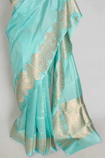 Girija: Sky Blue Banarasi Saree with Gold Satin Border - Saree Mandi
