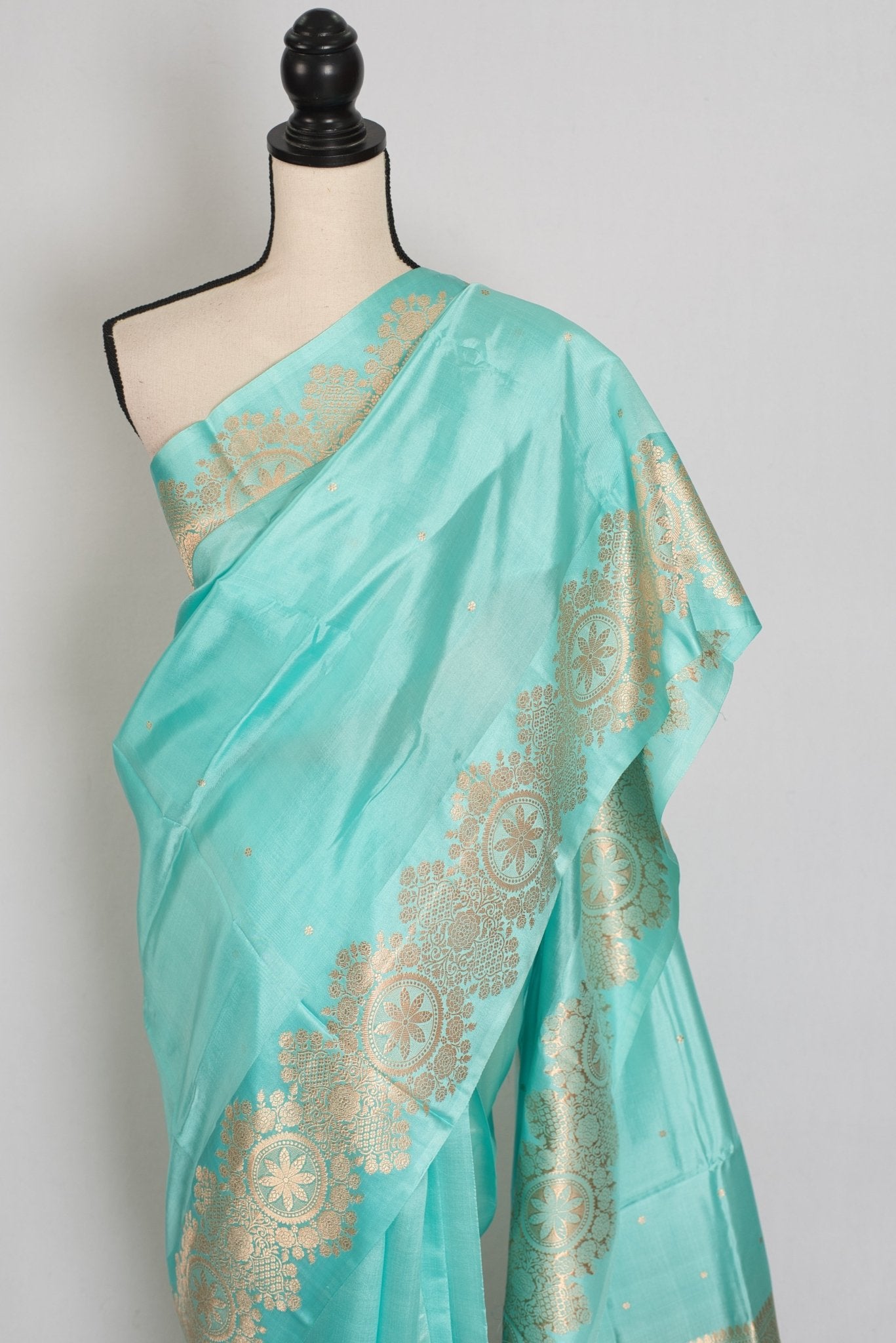 Girija: Sky Blue Banarasi Saree with Gold Satin Border - Saree Mandi