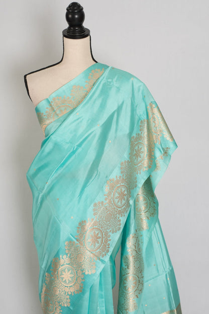 Girija: Sky Blue Banarasi Saree with Gold Satin Border - Saree Mandi