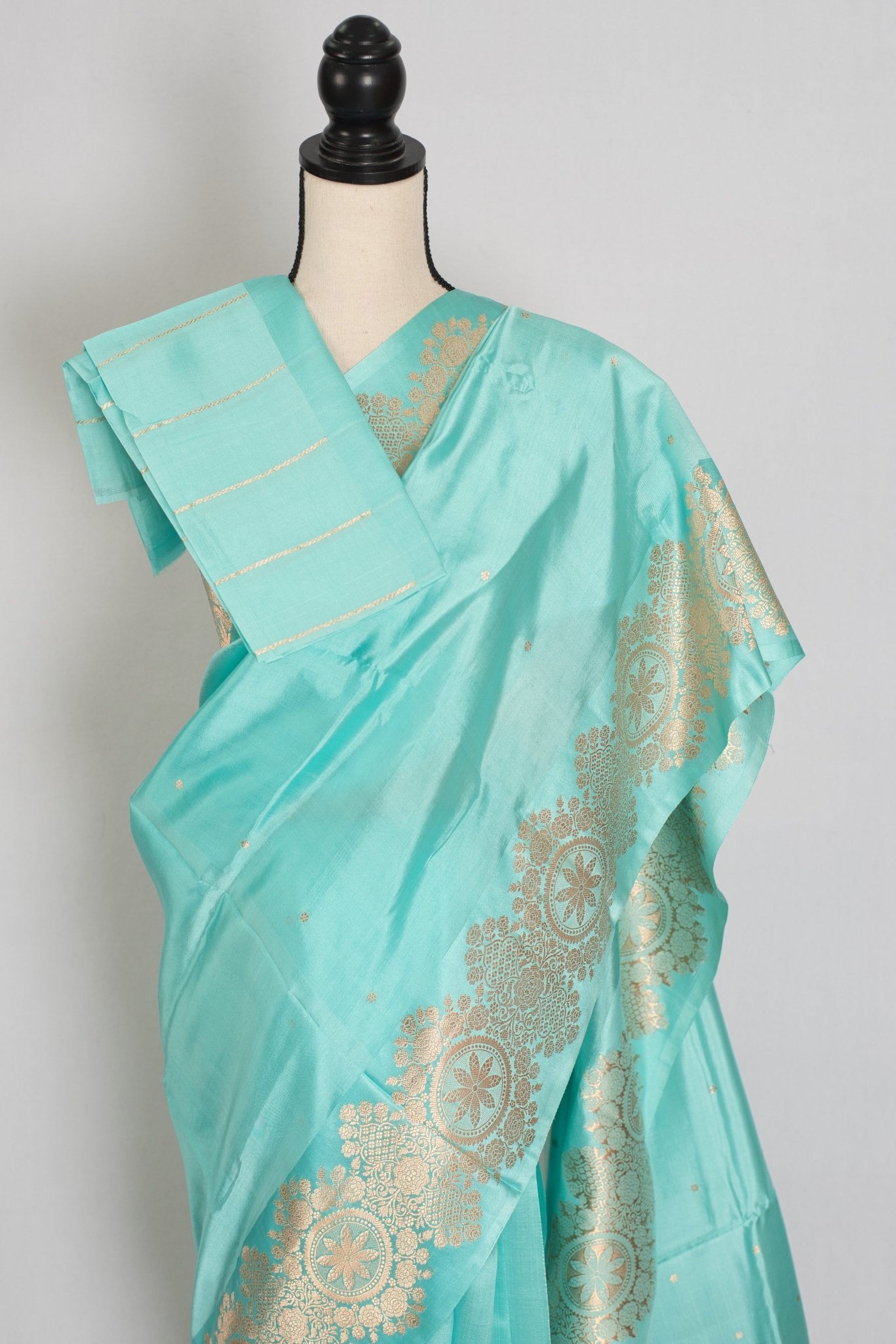 Girija: Sky Blue Banarasi Saree with Gold Satin Border - Saree Mandi