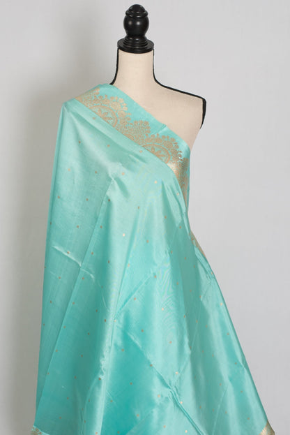 Girija: Sky Blue Banarasi Saree with Gold Satin Border - Saree Mandi