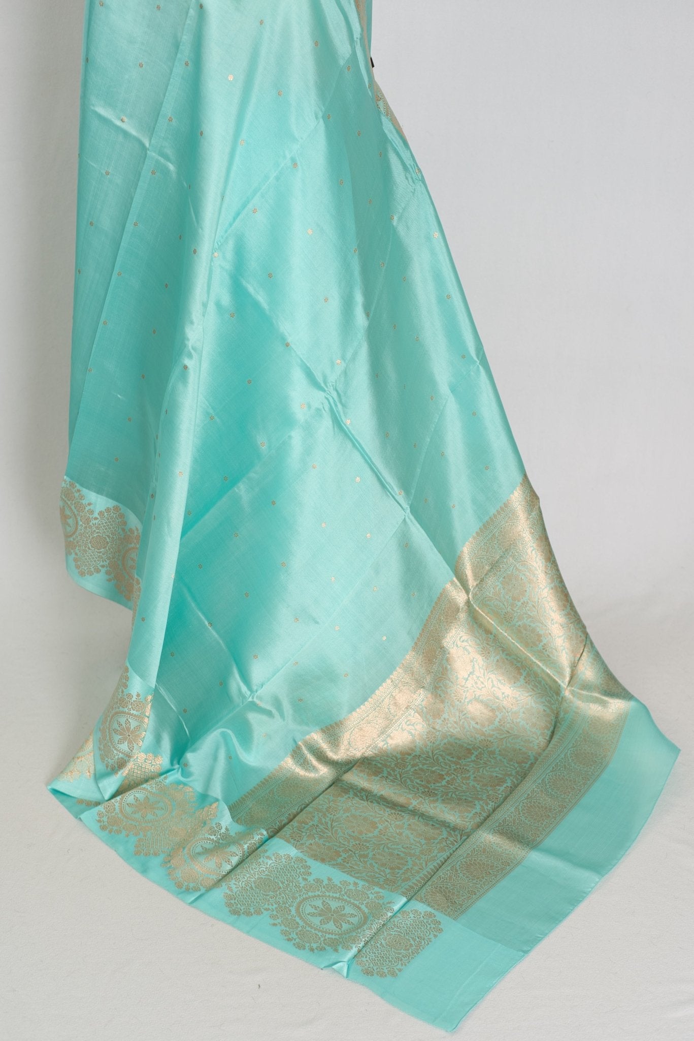 Girija: Sky Blue Banarasi Saree with Gold Satin Border - Saree Mandi