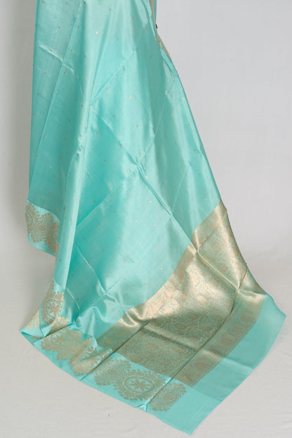 Girija: Sky Blue Banarasi Saree with Gold Satin Border - Saree Mandi