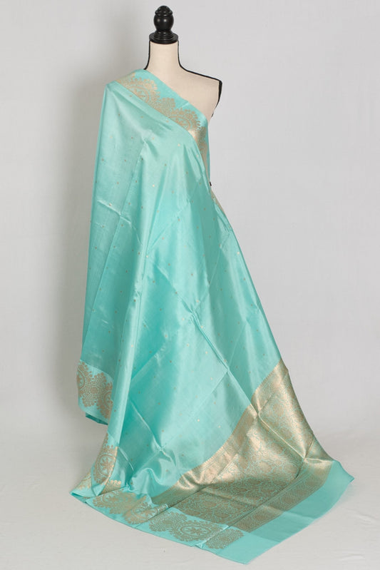 Girija: Sky Blue Banarasi Saree with Gold Satin Border - Saree Mandi