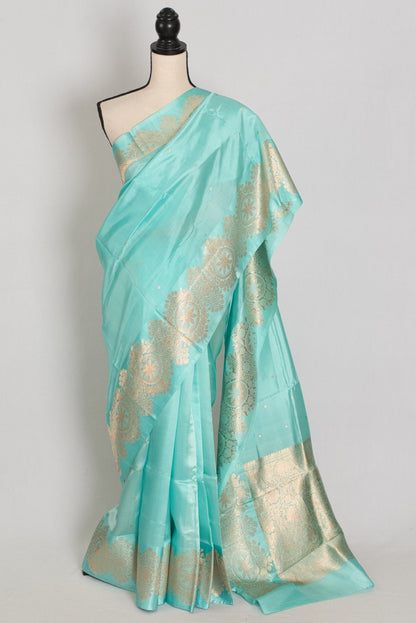 Girija: Sky Blue Banarasi Saree with Gold Satin Border - Saree Mandi