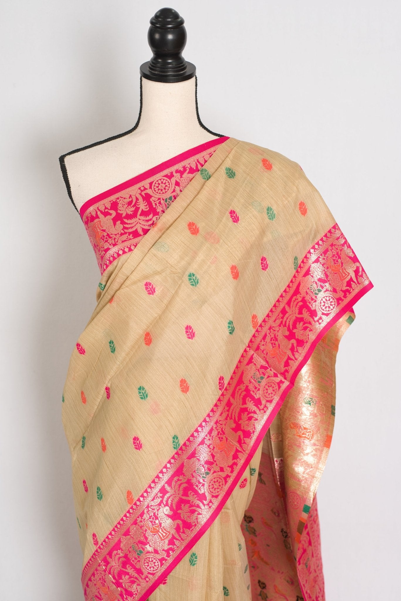 Gita: Beige & Pink Blended Cotton Baluchari Saree | Traditional Bengali Design - Saree Mandi