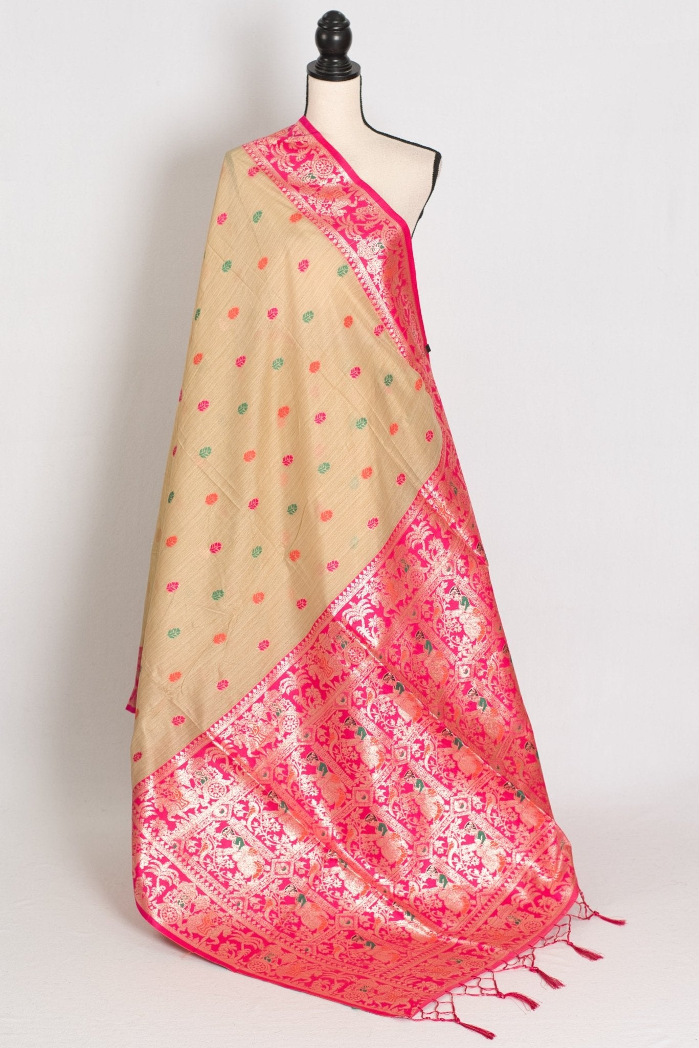 Gita: Beige & Pink Blended Cotton Baluchari Saree | Traditional Bengali Design - Saree Mandi