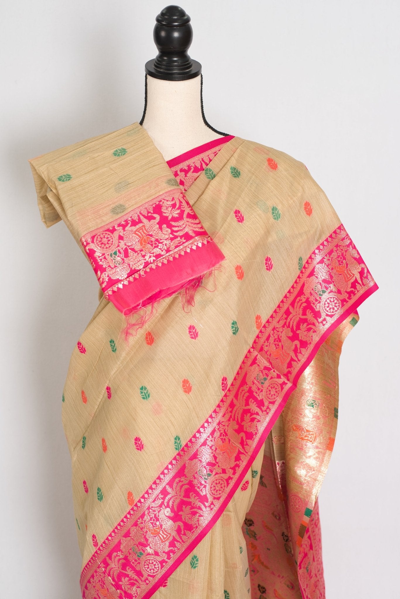 Gita: Beige & Pink Blended Cotton Baluchari Saree | Traditional Bengali Design - Saree Mandi