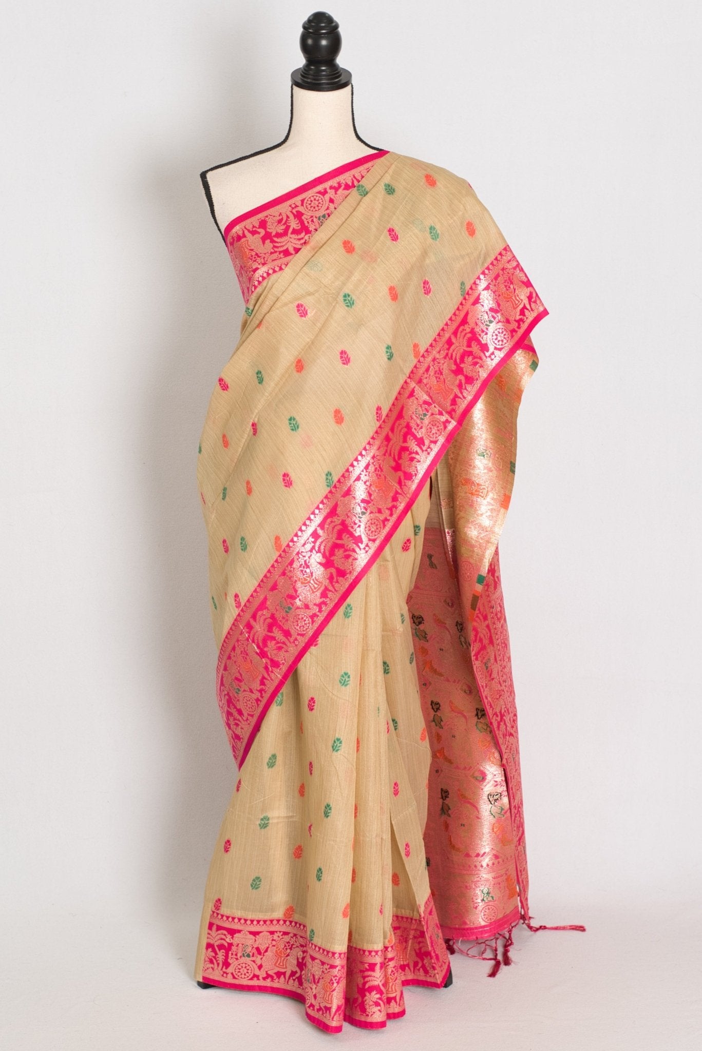 Gita: Beige & Pink Blended Cotton Baluchari Saree | Traditional Bengali Design - Saree Mandi