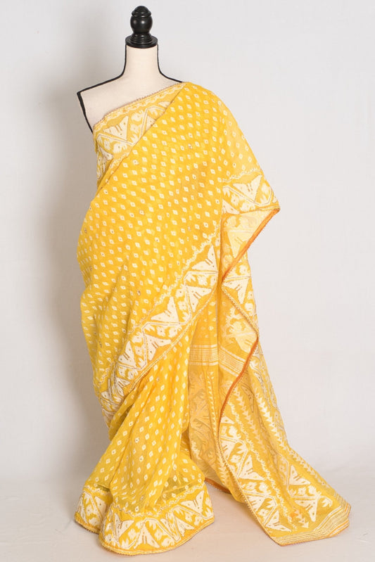 Gita – Bright Yellow and White Blended Cotton Jamdani Saree - Saree Mandi