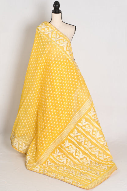 Gita – Bright Yellow and White Blended Cotton Jamdani Saree - Saree Mandi