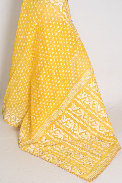 Gita – Bright Yellow and White Blended Cotton Jamdani Saree - Saree Mandi