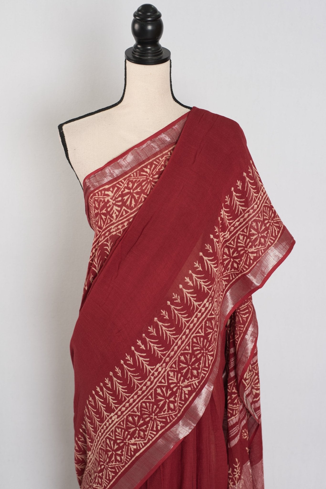 Gitanjali: Rust Brown Hand Block Printed Saree | Soft Linen Cotton - Saree Mandi