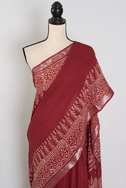 Gitanjali: Rust Brown Hand Block Printed Saree | Soft Linen Cotton - Saree Mandi