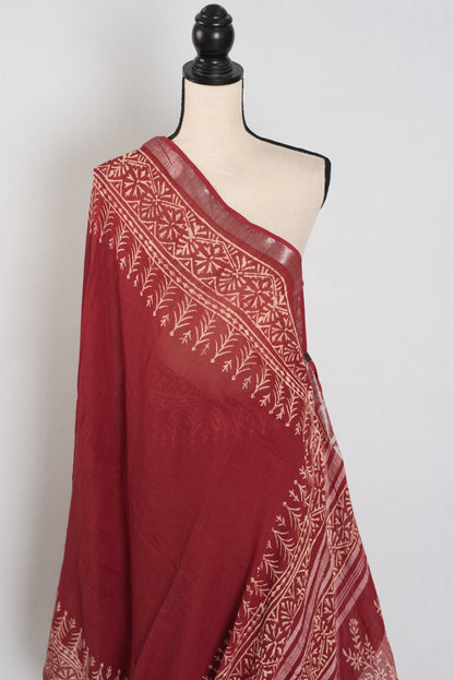 Gitanjali: Rust Brown Hand Block Printed Saree | Soft Linen Cotton - Saree Mandi