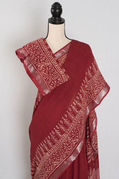 Gitanjali: Rust Brown Hand Block Printed Saree | Soft Linen Cotton - Saree Mandi