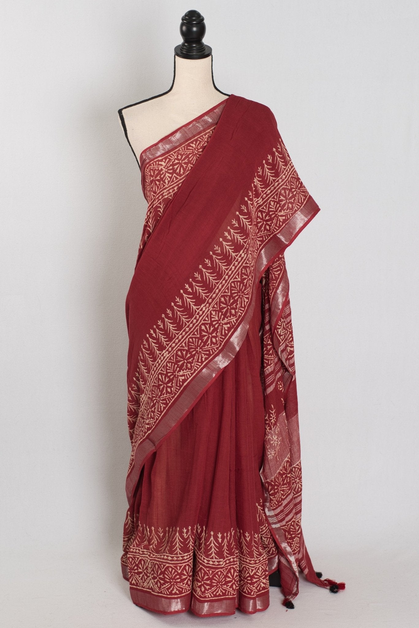 Gitanjali: Rust Brown Hand Block Printed Saree | Soft Linen Cotton - Saree Mandi