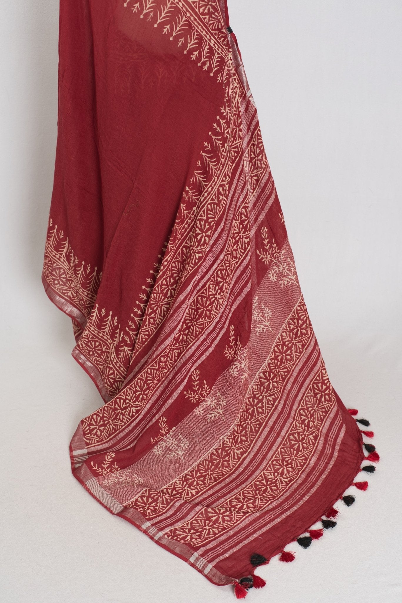 Gitanjali: Rust Brown Hand Block Printed Saree | Soft Linen Cotton - Saree Mandi