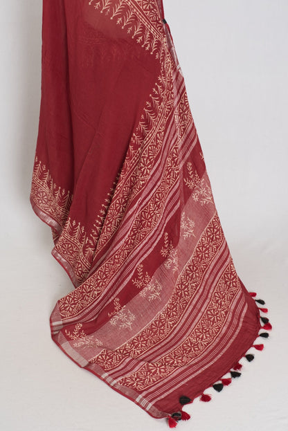 Gitanjali: Rust Brown Hand Block Printed Saree | Soft Linen Cotton - Saree Mandi