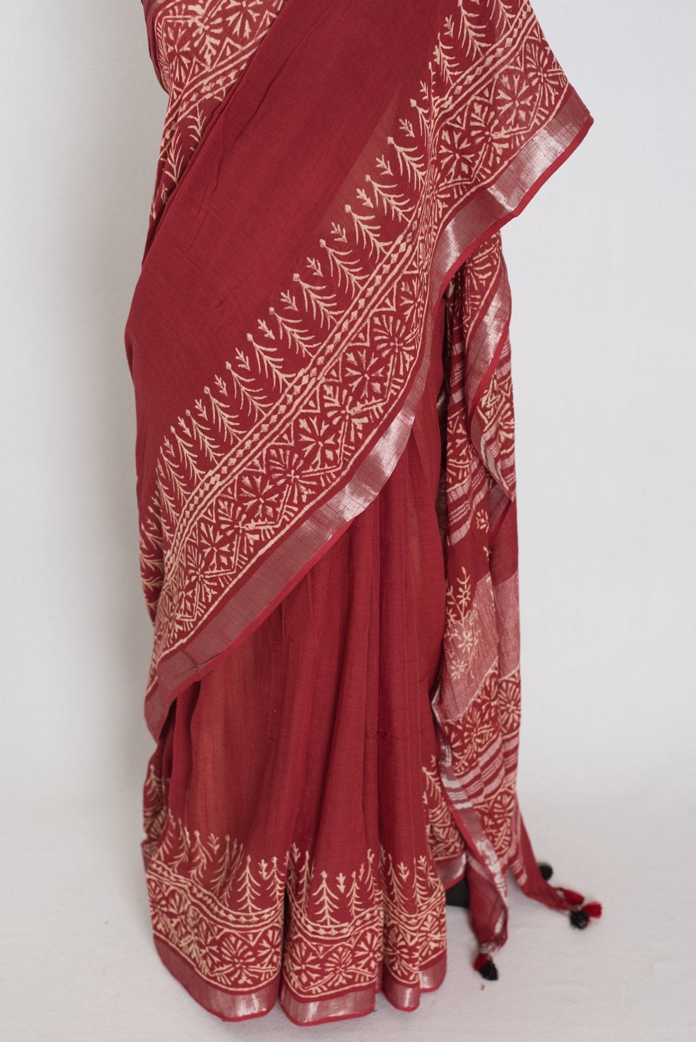 Gitanjali: Rust Brown Hand Block Printed Saree | Soft Linen Cotton - Saree Mandi