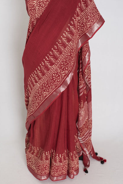 Gitanjali: Rust Brown Hand Block Printed Saree | Soft Linen Cotton - Saree Mandi