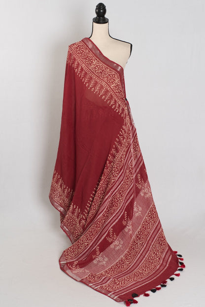 Gitanjali: Rust Brown Hand Block Printed Saree | Soft Linen Cotton - Saree Mandi