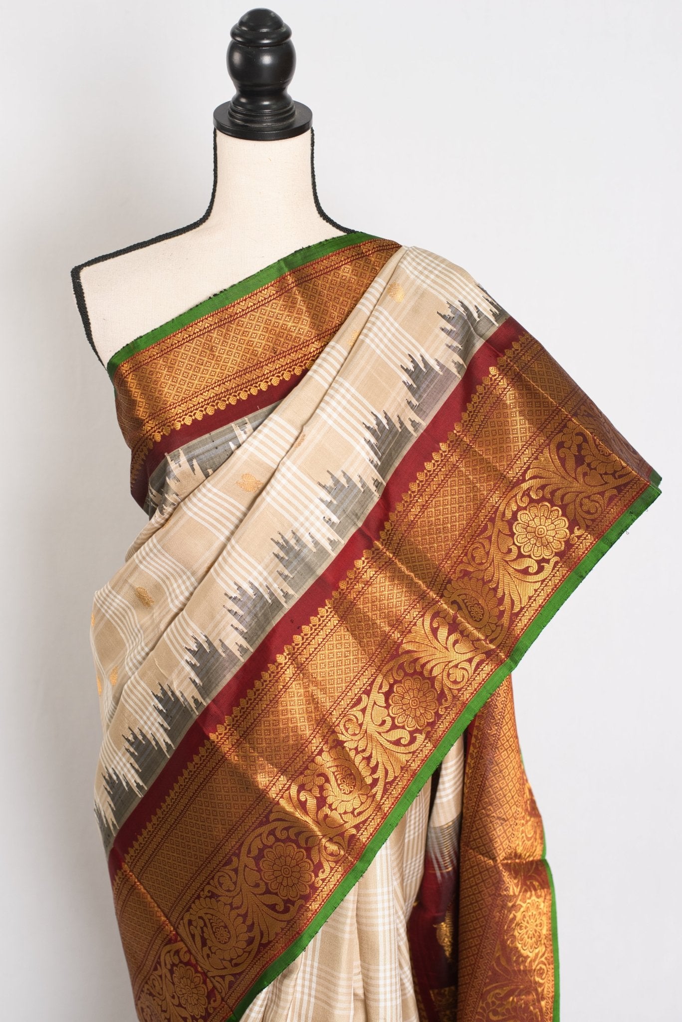 Gitika: Light Brown and Maroon Kanji Border Handwoven Gadwal Silk Saree - Saree Mandi