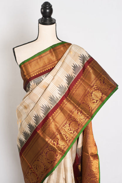 Gitika: Light Brown and Maroon Kanji Border Handwoven Gadwal Silk Saree - Saree Mandi
