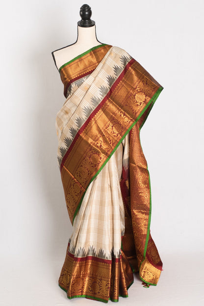 Gitika: Light Brown and Maroon Kanji Border Handwoven Gadwal Silk Saree - Saree Mandi