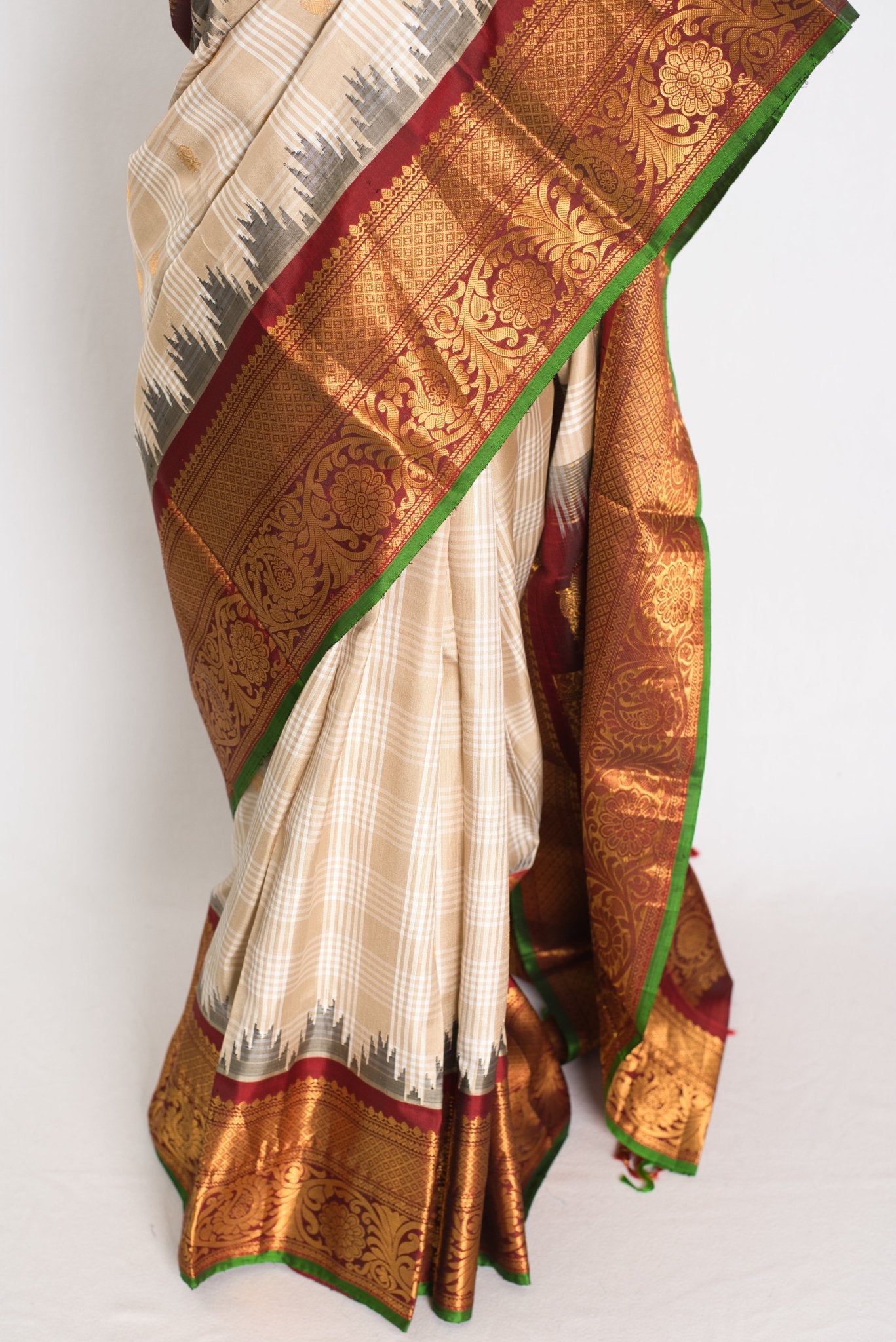 Gitika: Light Brown and Maroon Kanji Border Handwoven Gadwal Silk Saree - Saree Mandi