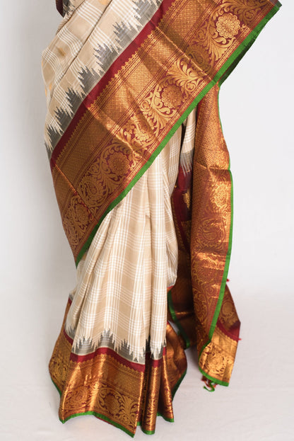 Gitika: Light Brown and Maroon Kanji Border Handwoven Gadwal Silk Saree - Saree Mandi