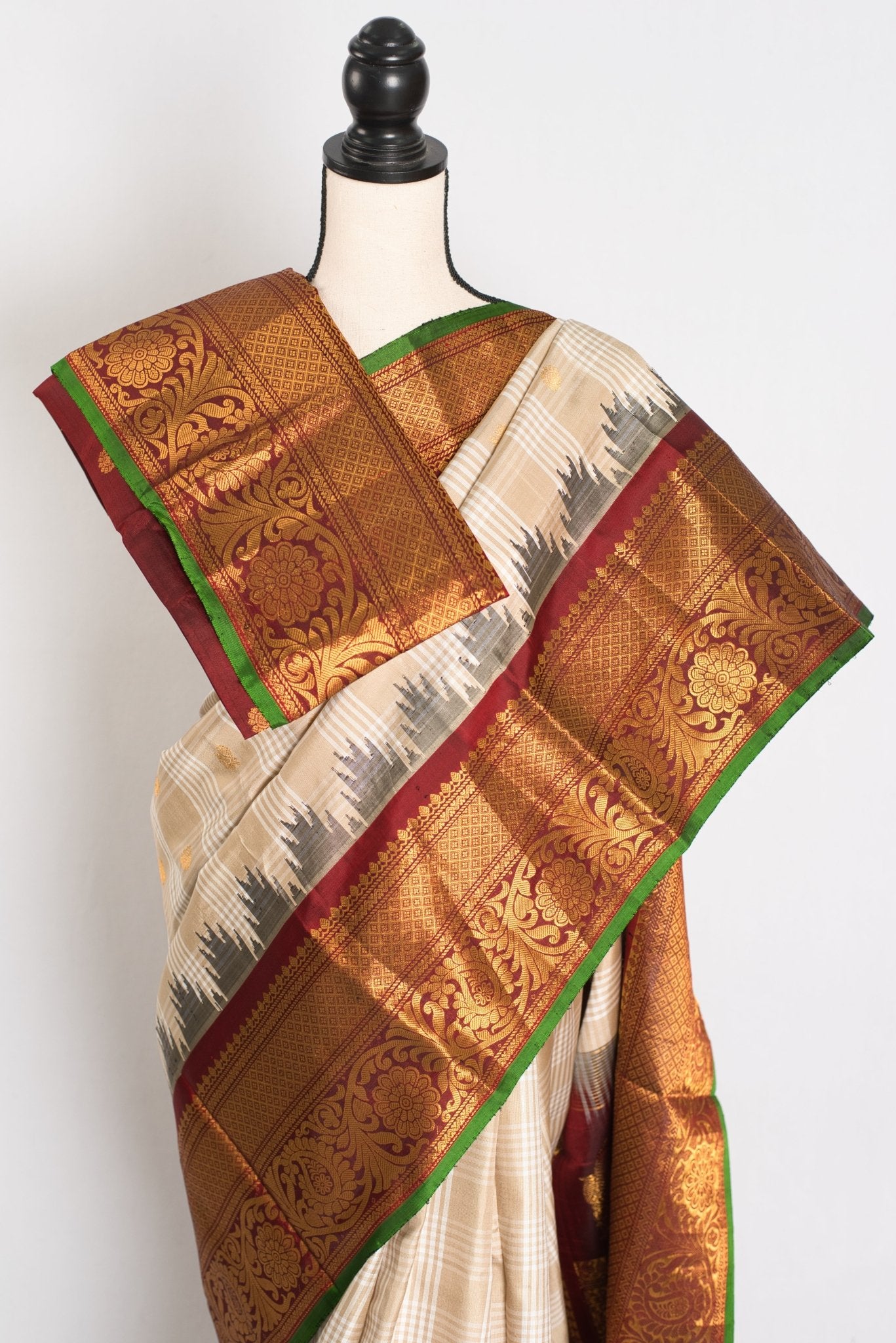 Gitika: Light Brown and Maroon Kanji Border Handwoven Gadwal Silk Saree - Saree Mandi