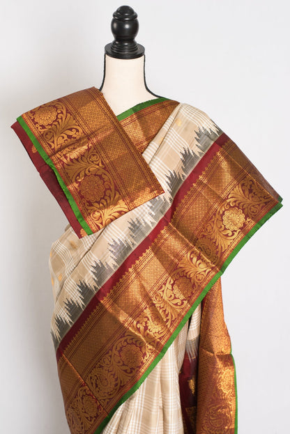 Gitika: Light Brown and Maroon Kanji Border Handwoven Gadwal Silk Saree - Saree Mandi