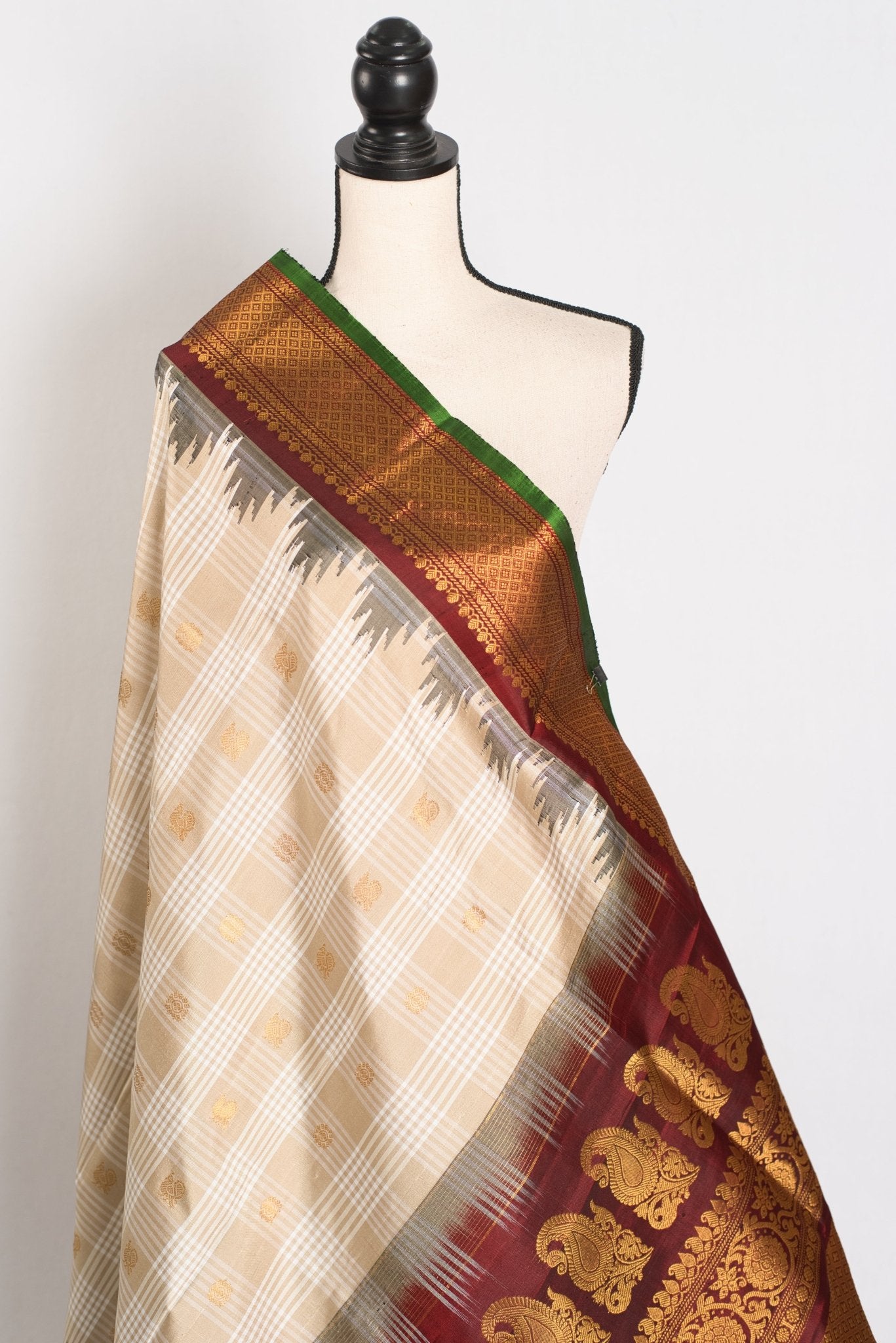 Gitika: Light Brown and Maroon Kanji Border Handwoven Gadwal Silk Saree - Saree Mandi