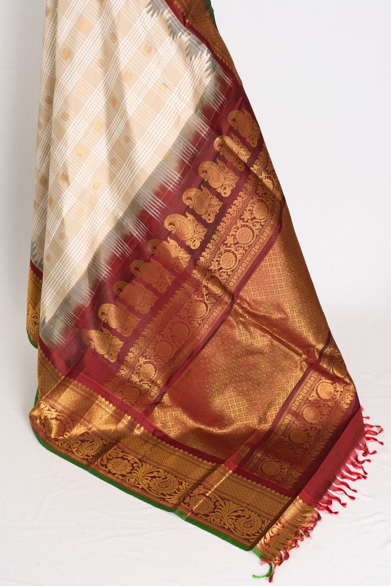 Gitika: Light Brown and Maroon Kanji Border Handwoven Gadwal Silk Saree - Saree Mandi