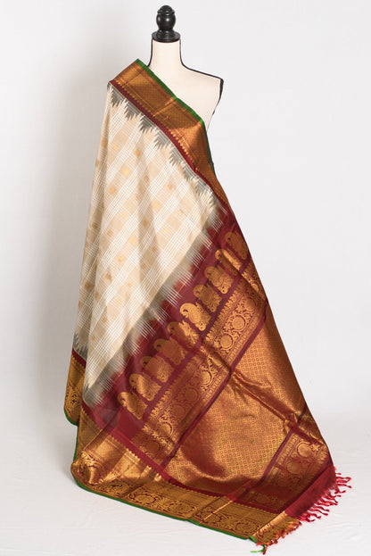 Gitika: Light Brown and Maroon Kanji Border Handwoven Gadwal Silk Saree - Saree Mandi