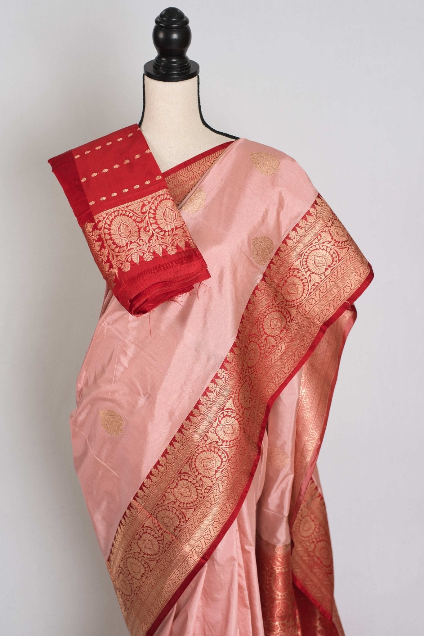 Gouri : Certified Katan Silk Banarasi Saree in Dusty Pink and Red - Saree Mandi