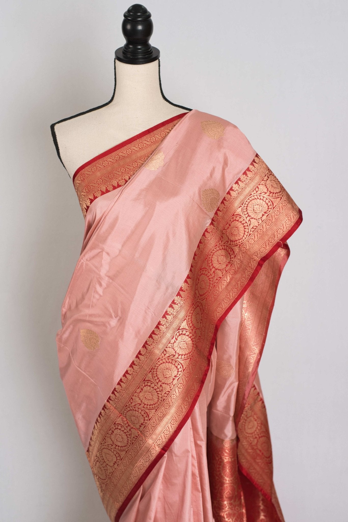 Gouri : Certified Katan Silk Banarasi Saree in Dusty Pink and Red - Saree Mandi