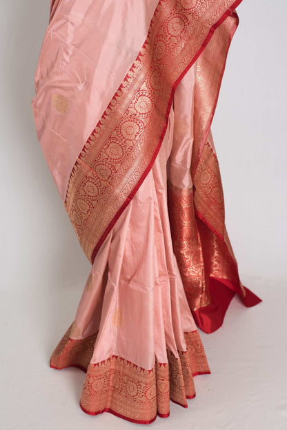 Gouri : Certified Katan Silk Banarasi Saree in Dusty Pink and Red - Saree Mandi