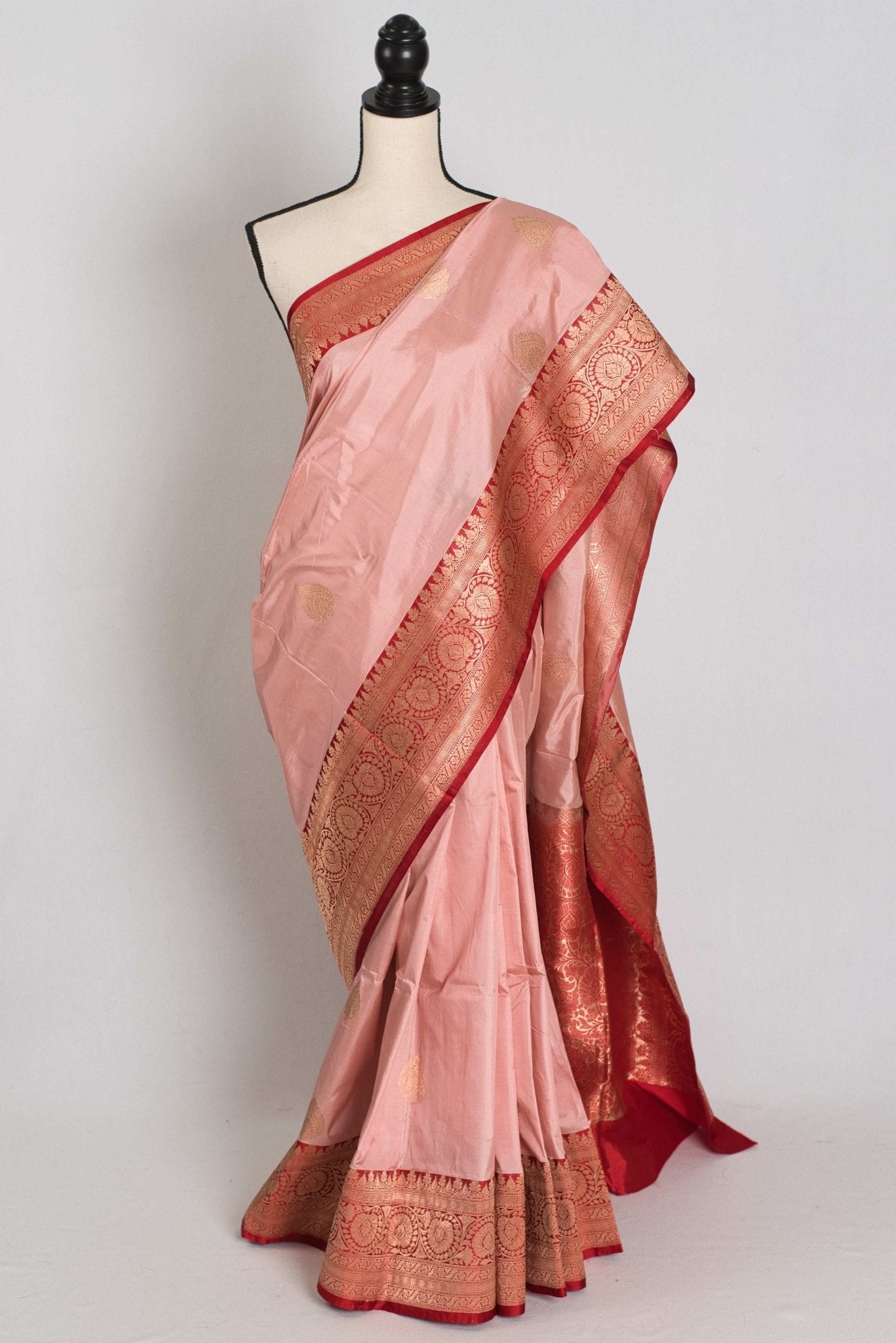 Gouri : Certified Katan Silk Banarasi Saree in Dusty Pink and Red - Saree Mandi