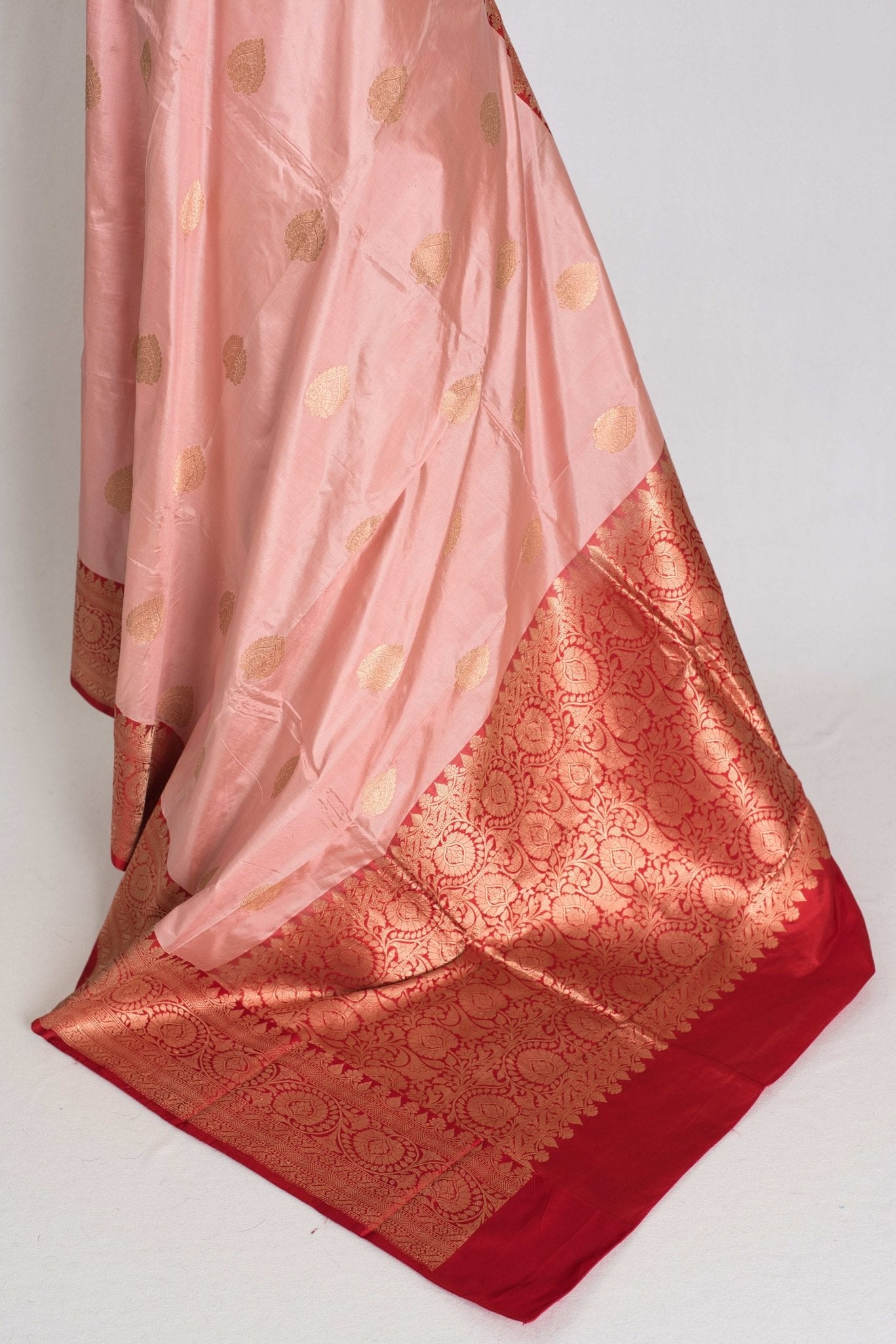 Gouri : Certified Katan Silk Banarasi Saree in Dusty Pink and Red - Saree Mandi